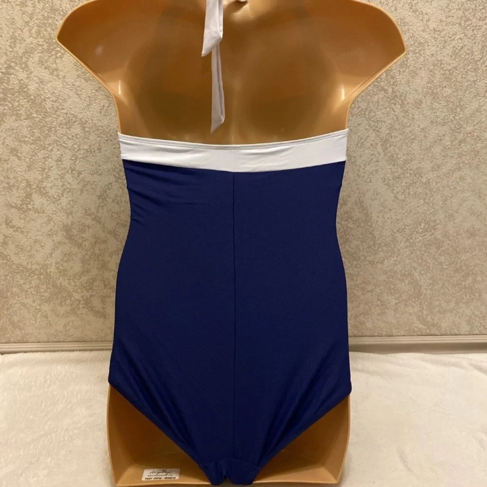 Basic Editions Blue and White Halter One-Piece Swimsuit